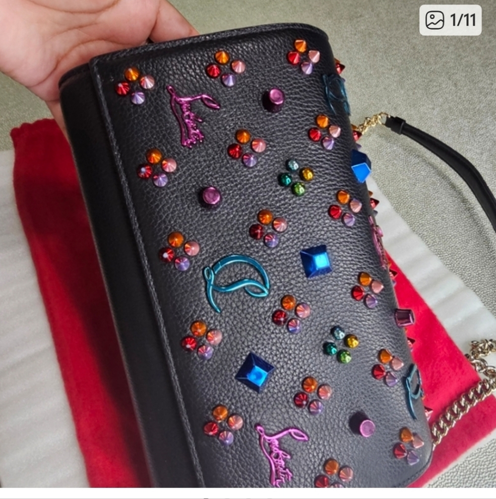 Christian Louboutin Black Leather Shoulder Bag with Multicolor Gem Accents